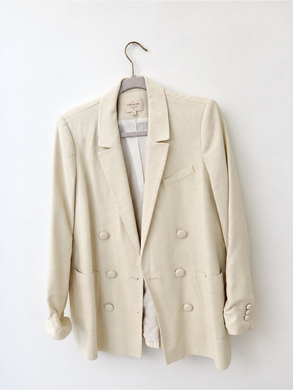 Sézane Michele Cream Linen Cotton Double Breasted Blazer